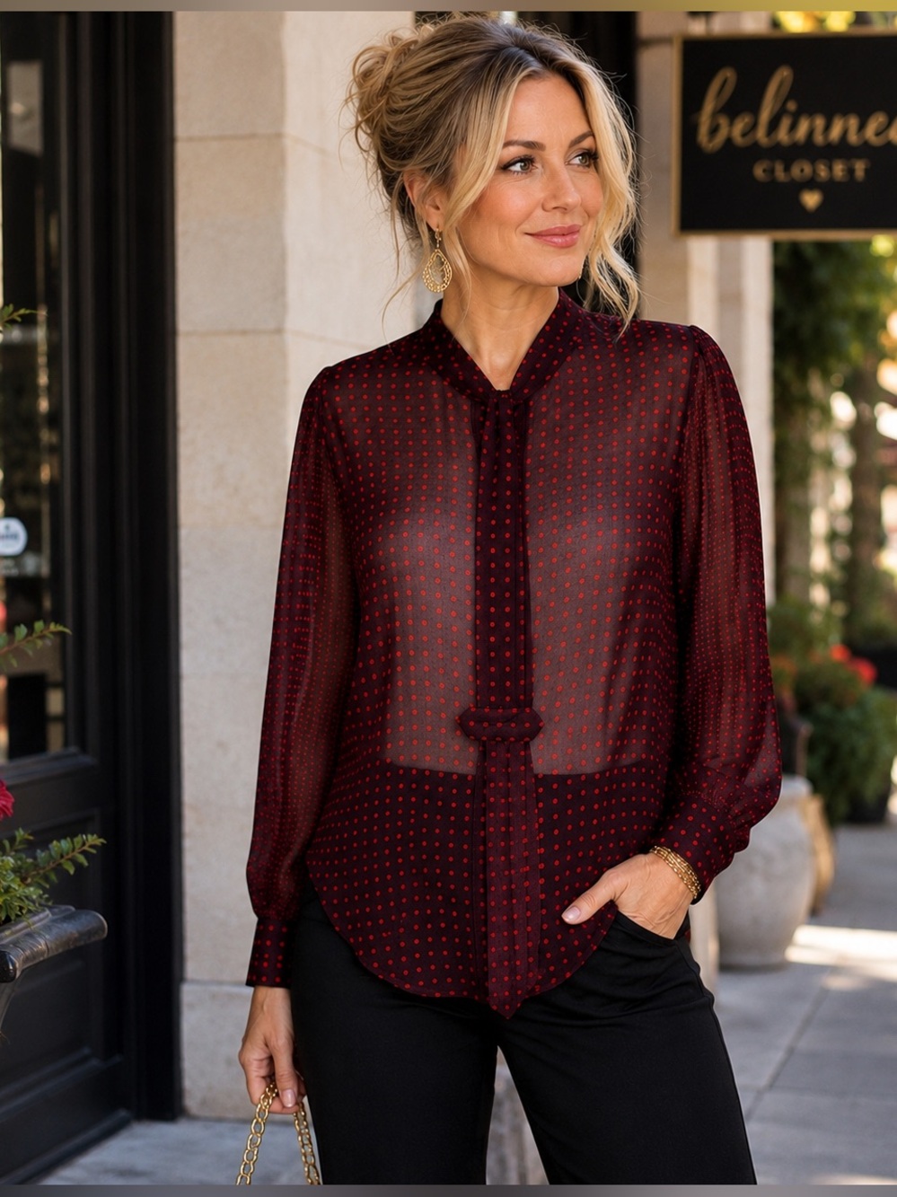 Anne Klein Sheer Polka Dot Tie Neck Blouse Burgundy Red Size 12